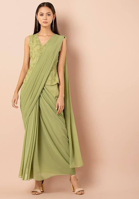 Lime Embroidered Peplum Pre-Stitched Saree with Attached Blouse 