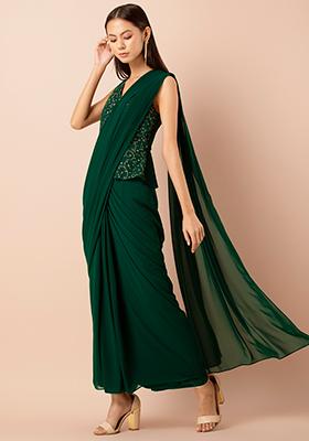 Green Embroidered Peplum Pre-Stitched Saree with Attached Blouse 