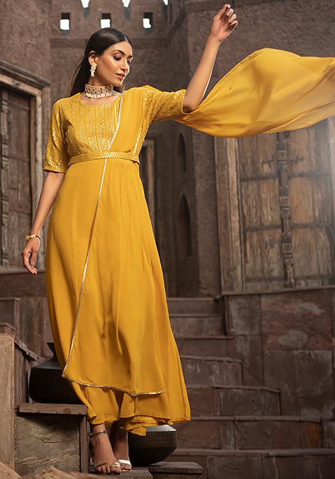 Mustard Embroidered Maxi Kurta with Attached Dupatta 