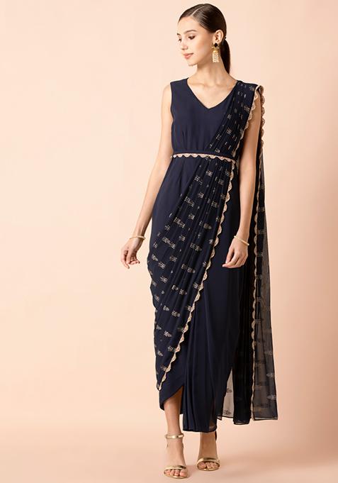 Navy Foil Pallu Belted Pre-Stitched Saree with Attached Blouse 
