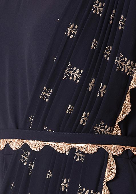 Buy Women Navy Foil Pallu Belted Pre-Stitched Saree With Attached ...