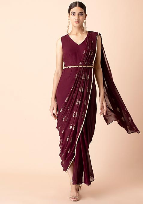Wine Foil Pallu Belted Pre-Stitched Saree with Attached Blouse