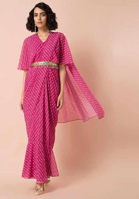 Pink Bandhani Belted Pre-Stitched Saree with Attached Blouse 