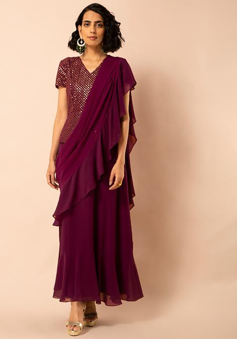 Wine Embroidered Peplum Ruffled Pre-Stitched Saree with Attached Blouse