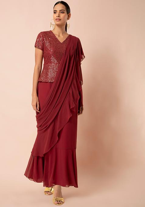 Rust Embroidered Peplum Ruffled Pre-Stitched Saree with Attached Blouse