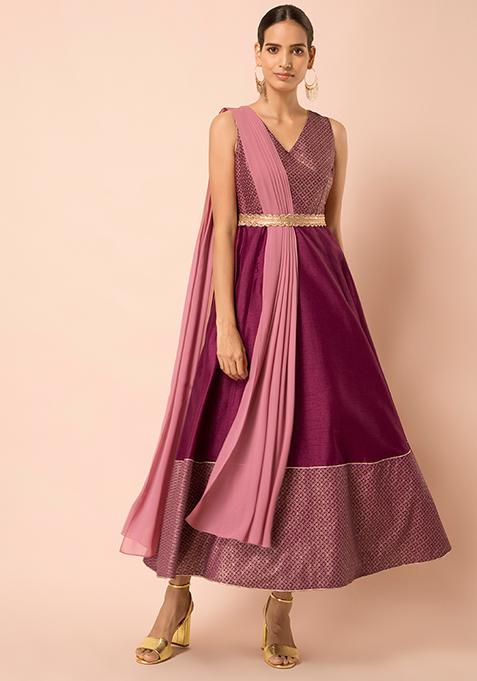 Wine Printed Belted Maxi Kurta with Attached Dupatta 