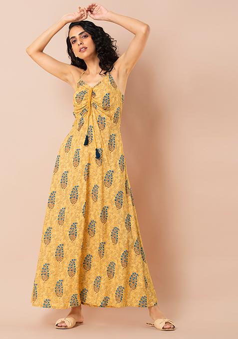 Buy Women Mustard Boota Front Tie Strappy Maxi Dress - RTW - Indya