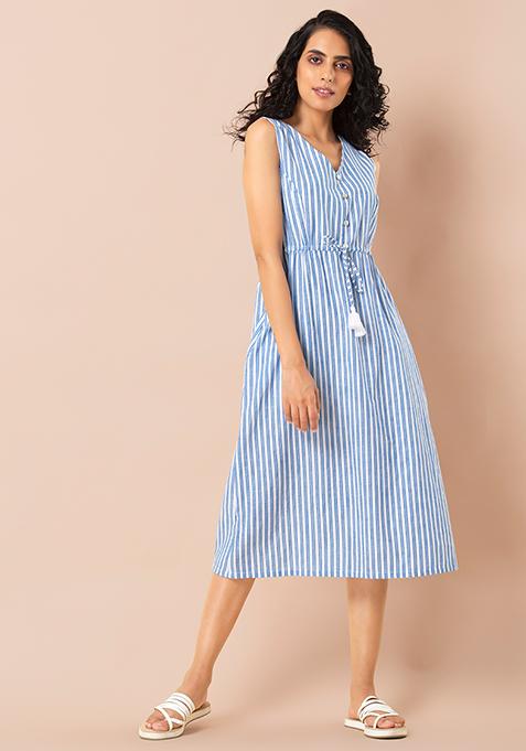 White and Blue Striped Drawstring Sleeveless Dress