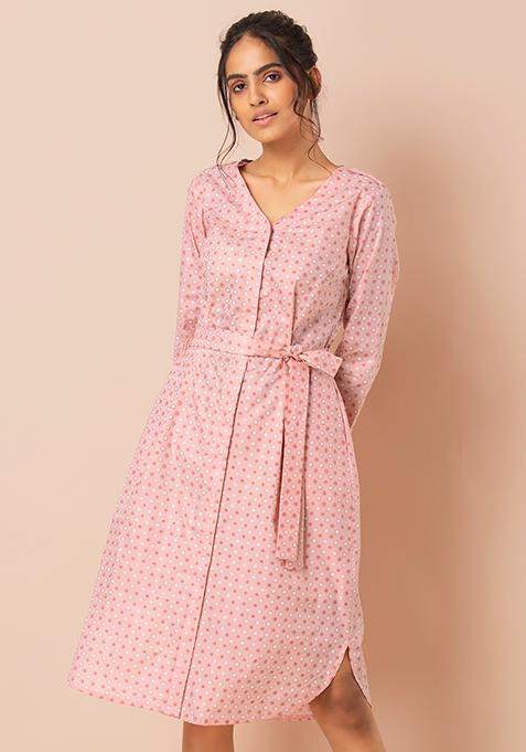 Peach Floral Belted Shirt Dress with Pockets 