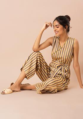 Yellow Striped Belted Jumpsuit with Pockets 