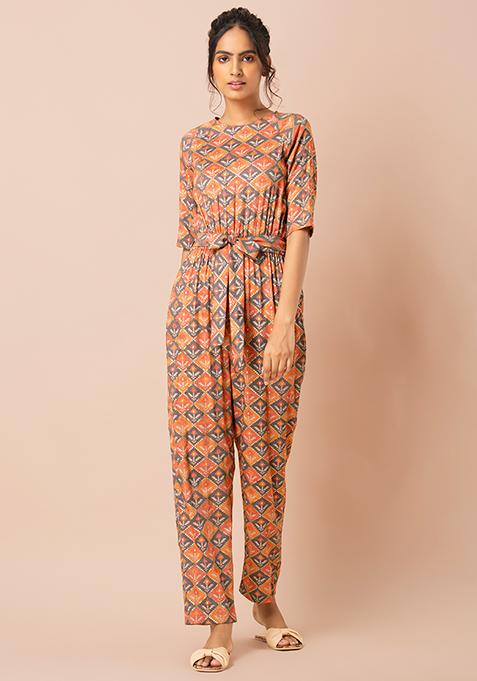 Buy Women Orange Floral Belted Jumpsuit With Pockets - RTW - Indya