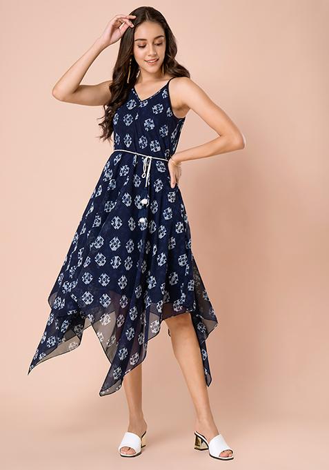 Navy Printed High Low Tunic with Dori Belt 