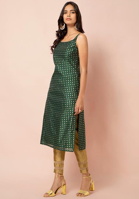 Buy Women Green Foil Strappy Chanderi Straight Kurta - RTW - Indya