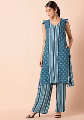 Blue Geometric Viscose High Low Kurta 