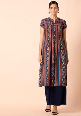 Navy Maroon Printed Pin Tuck Straight Kurta 