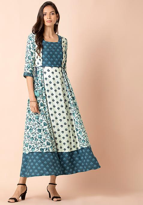 White Blue Printed Tie Up Maxi Kurta 