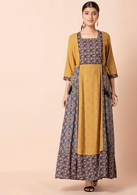 Women indian kurta kurti Long Maxi Dress top tees bottom pant tunic Floral-hs03