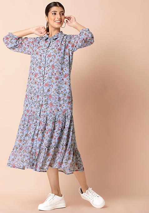 Blue Floral Tiered Shirt Dress 