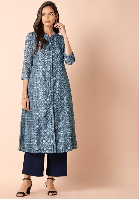 Blue Mughal Printed Shirt Kurta 