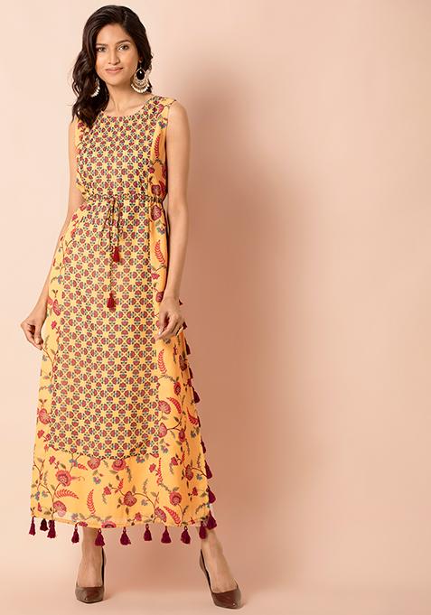 Yellow Floral Tasselled High Slit Maxi Kurta 