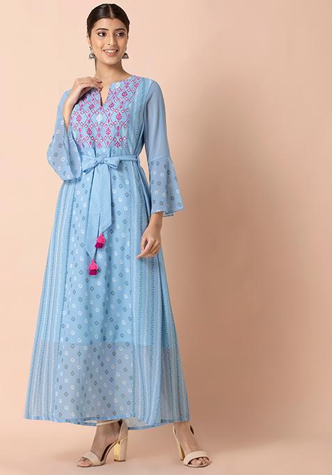 Blue Embroidered Bell Sleeve Belted Maxi Kurta 