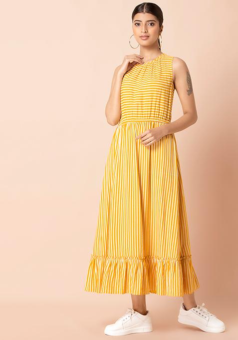 Yellow Striped Ruffled Hem Shift Dress