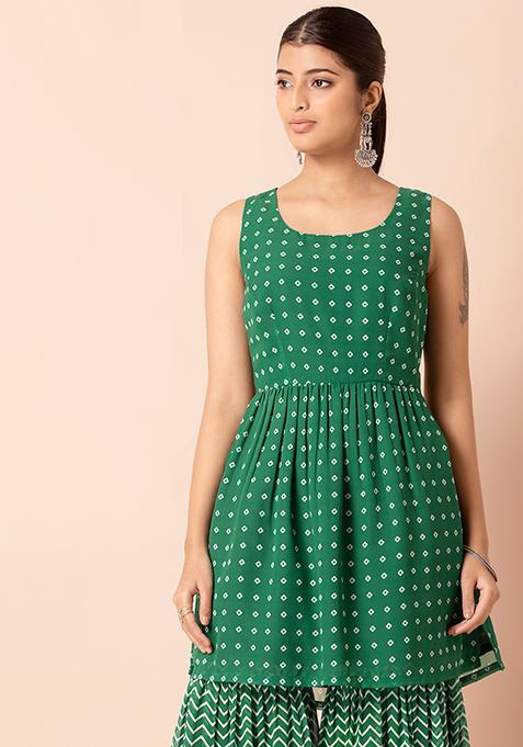 Green Bandhani Sleeveless Short Kurti 