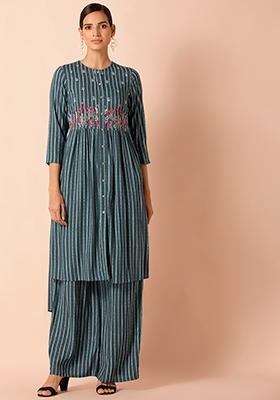 Teal Striped Embroidered High Low Kurta 