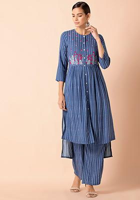Blue Striped Embroidered High Low Kurta 