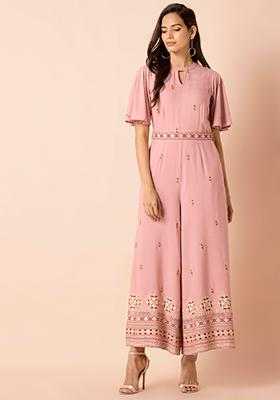 Peach Belted Flared Sleeve Jumpsuit