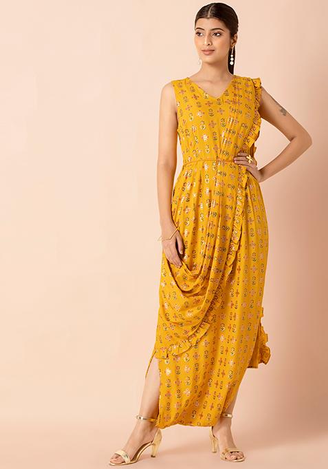 Buy Women Mustard Floral Jumpsuit With Attached Dupatta - Cocktail Wear ...