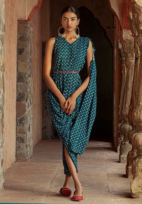 Teal Floral Jumpsuit with Attached Dupatta