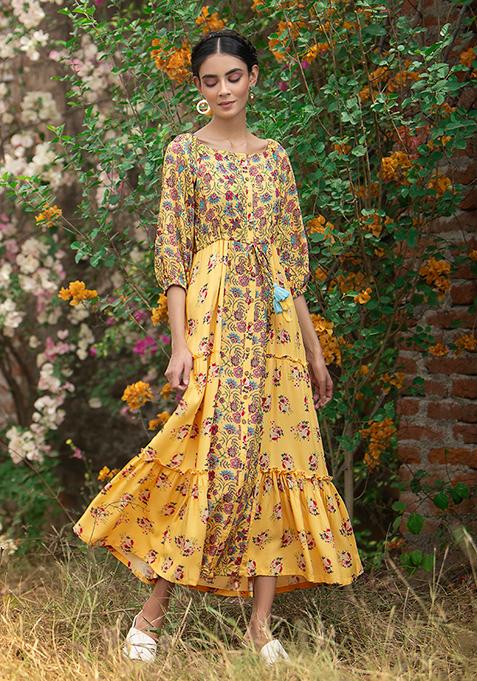 Yellow Floral Side Tiered Buttoned Maxi Kurta 