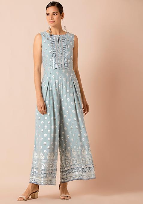 Buy Women Powder Blue Boota Foil Sleeveless Jumpsuit - RTW - Indya