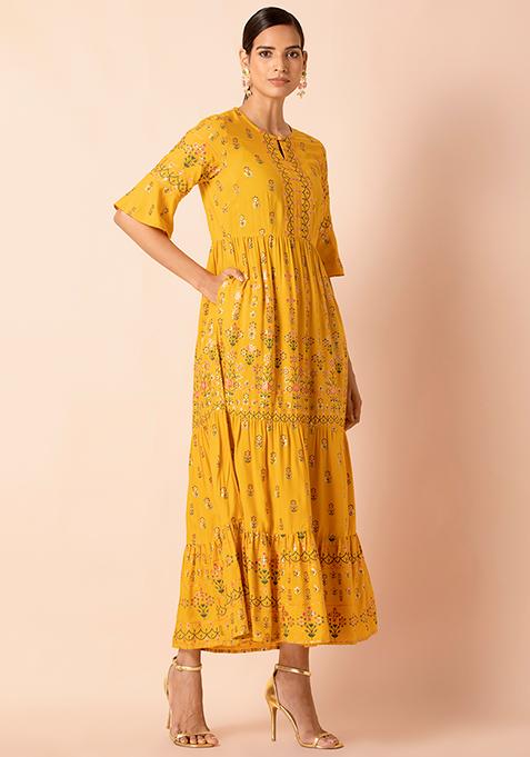 Buy Women Mustard Floral Foil Bell Sleeve Tiered Maxi Kurta - RTW - Indya