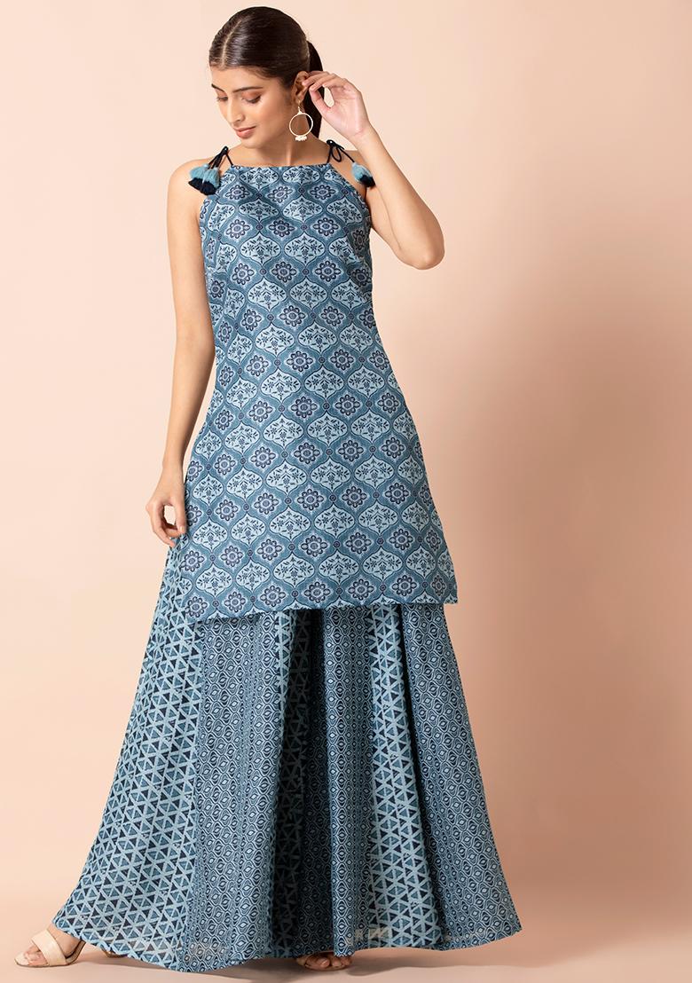 Buy Space Blue Kurti In Crepe With Floral And Mughal Print And Kundan  Accents Online  Kalki Fashion
