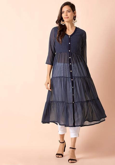 Navy Bandhani Buttoned Tiered A-Line Kurta 