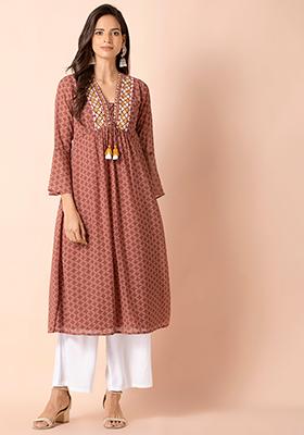 Brown Geo Embroidered Bell Sleeve A-Line Kurta 