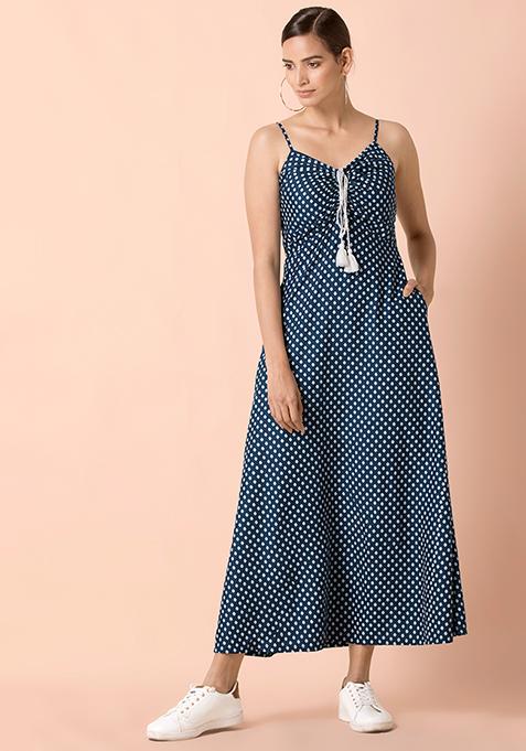 Teal Bandhani Front Tie Strappy Maxi Dress 