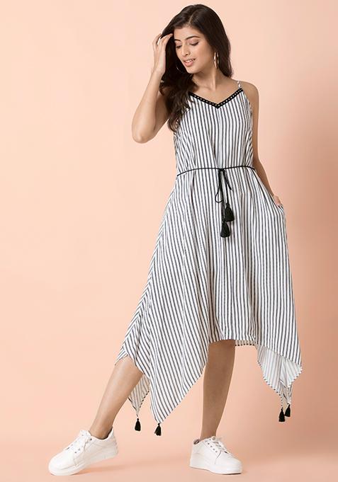 White Striped Belted Strappy High Low Dress 