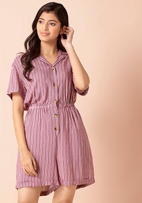 Oxblood Striped Playsuit with Pockets 