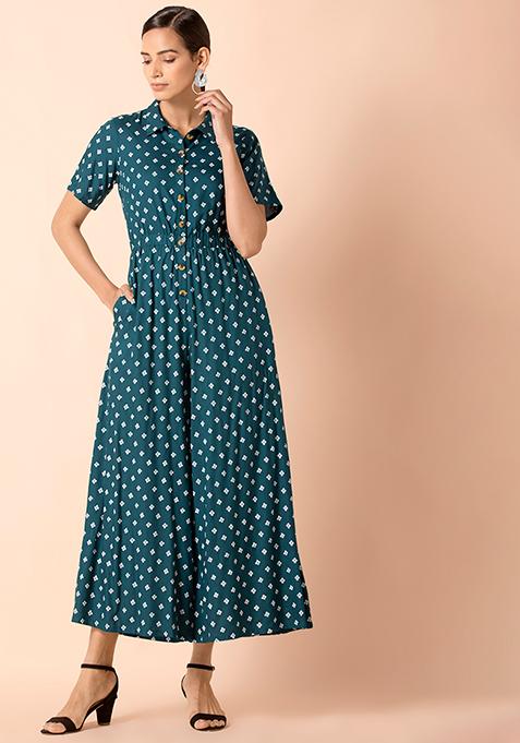 Teal Bandhani Collared Jumpsuit 