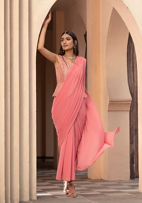 Coral Mirror Peplum Pre-Stitched Saree with Attached Blouse 