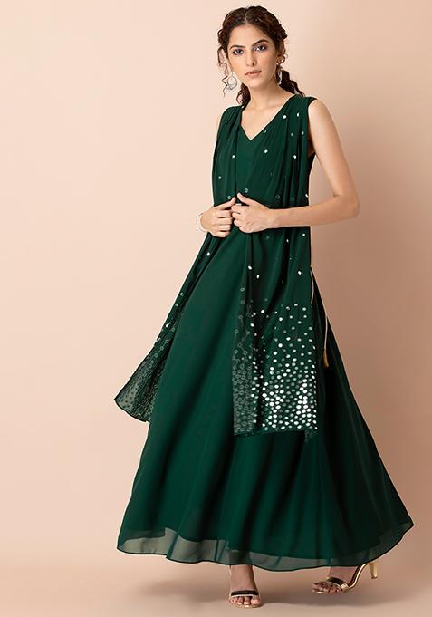 Buy Women Green Mirror Embroidered Layered Maxi Kurta - RTW - Indya