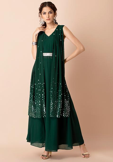 Buy Women Green Mirror Embroidered Layered Maxi Kurta - RTW - Indya