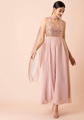 Blush Sequin Embroidered Maxi Kurta with Attached Dupatta 