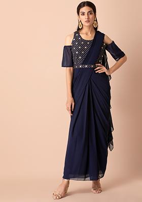 Navy Embroidered Cold Shoulder Belted Pre-Stitched Saree with Attached Blouse