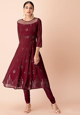 Maroon Mirror Embroidered Anarkali Kurta 