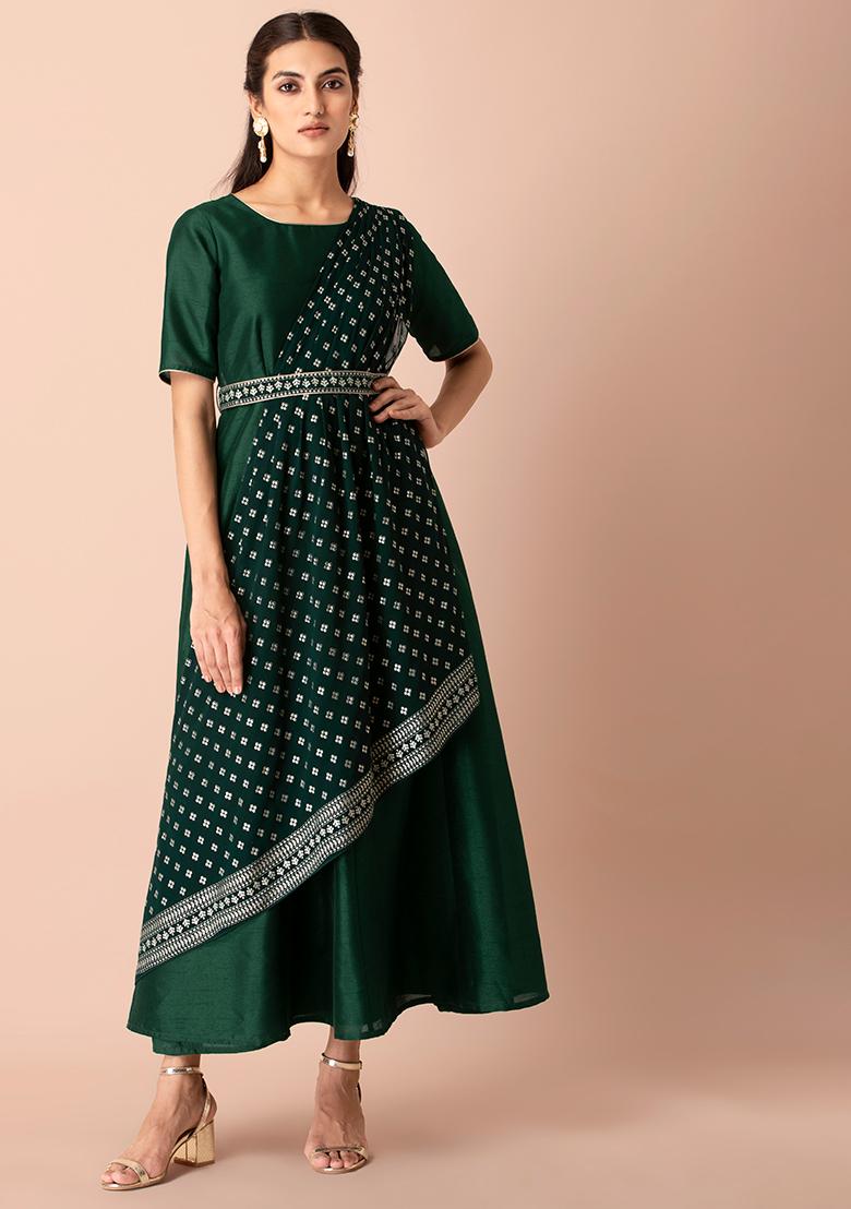 Buy Women Blue Zari Embroidered Tiered Cotton Dress - Feed-Dress - Indya