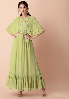 Green Embroidered Cape Sleeve Kurta With Belt